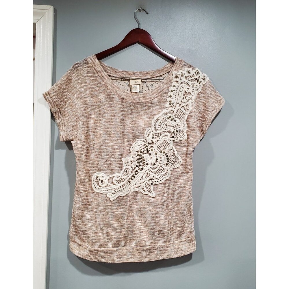Daytrip Women's Crochet Lace Tan Cream Embellished Short Sleeve Top Gold Sz L